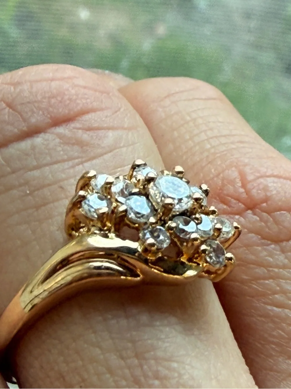 Vintage 925 Gold Vermeil Cubic Zirconia Diamond Cluster Bypass Ring